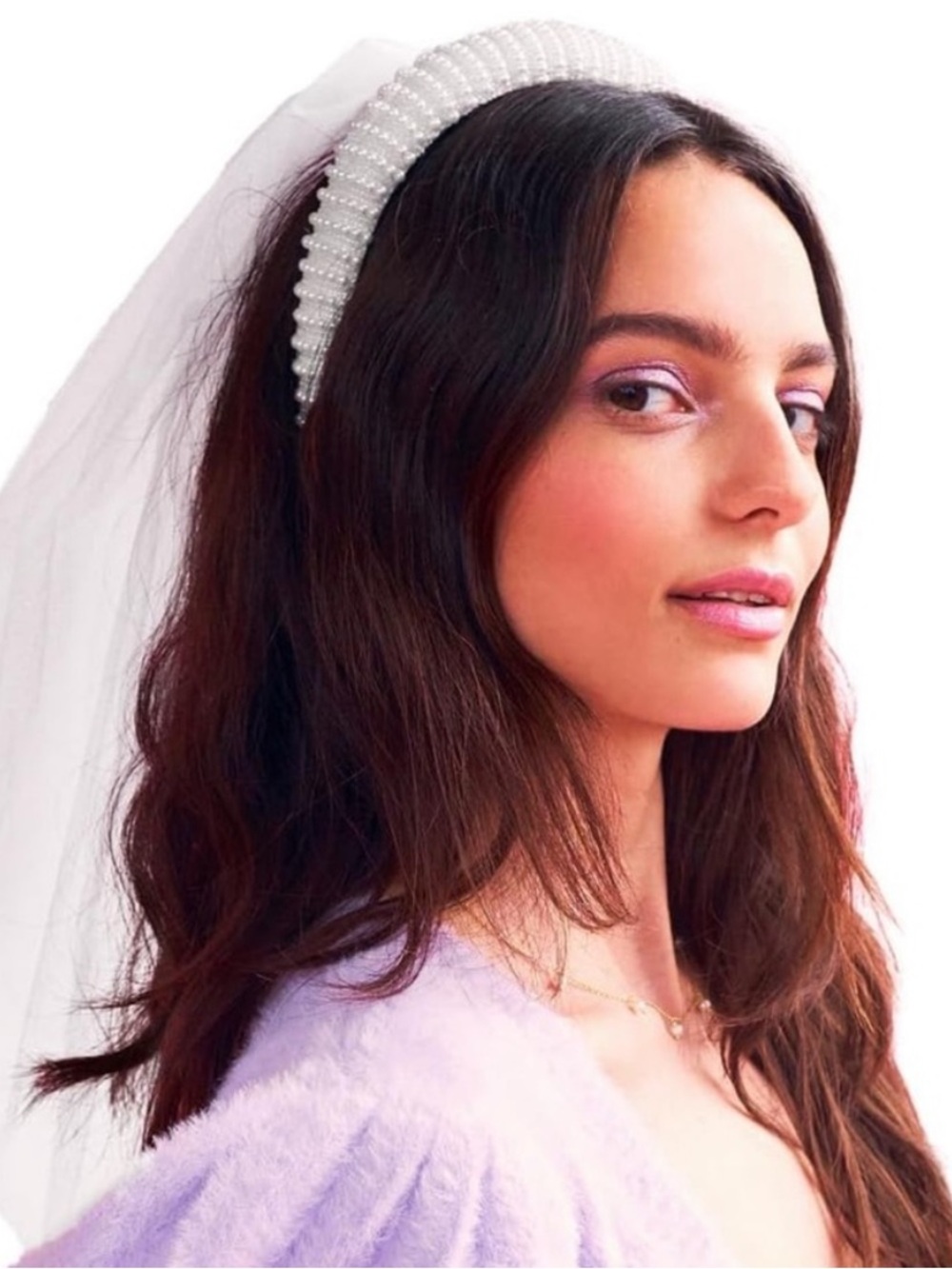 Pearl-Embellished White Headband with detachable veil